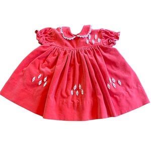 Vintage baby dress red with ivory accents short sleeves est. 12 mos. GUC